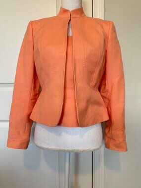 Tahari Levine Womens Mandarin Collar Blazer & Tank Set Peach Linen Sz 4 Petite